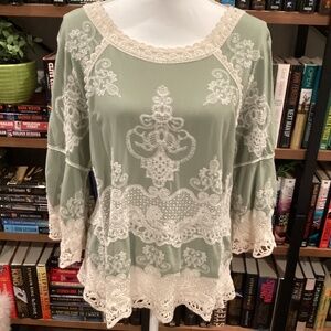 Democracy Lace Trim Sage Green Top M